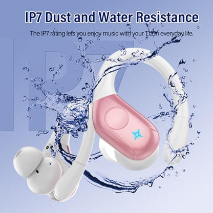 Qecnato Wireless Earbuds Bluetooth 5.4 Headphones Sports, 75H Stereo Deep Bass Over Ear Buds with Earhooks, Bluetooth Earbuds with 4 ENC Mic, LED Display, IP7 Waterproof Earphone for Running, Pink