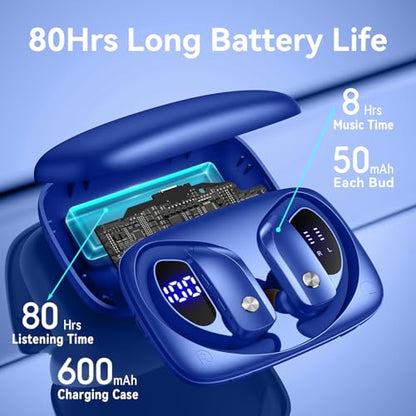 bmani Ear Buds Wireless Earbuds Bluetooth Headphones with 80H Playtime LED Display Case, Over-Ear Hook with Mic, Stereo Sound, Easy Button Controls, Sports Earphones for Running Workout Gym Blue - color: Blue, style: Standard