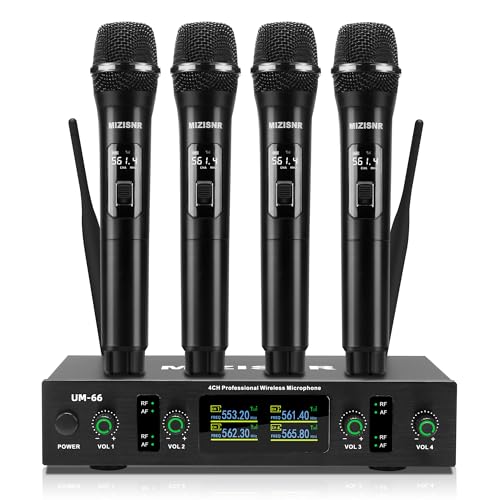 UHF Wireless Microphone Systems, 4 Channels Cordless Handheld Dynamic Karaoke Mic Set, Auto Connect 300ft Range Transmission for Singing, Karaoke, DJ Party, Church, Wedding, PA Speaker