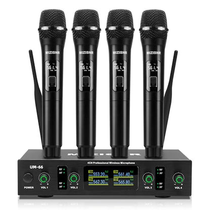 UHF Wireless Microphone Systems, 4 Channels Cordless Handheld Dynamic Karaoke Mic Set, Auto Connect 300ft Range Transmission for Singing, Karaoke, DJ Party, Church, Wedding, PA Speaker