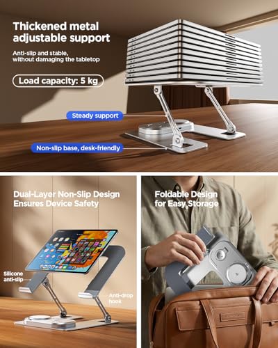 Adjustable Laptop Stand with Wireless Charger, Qi2 15W, 4in1 | Qi2 15W fast charging for phone and watch. 3-in-1 station with LED light. Fits 10-17.3 inch laptops. Foldable, holds 22lb