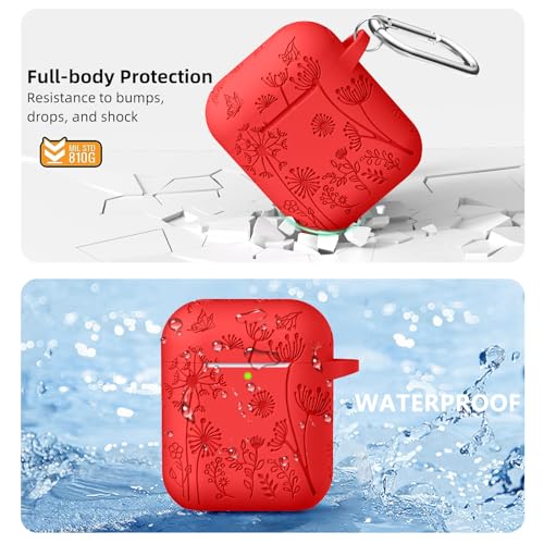 Lerobo for AirPod Case 2nd/1st Generation with Keychain for Women Girl | Flower Engraved Silicone Cover for AirPods 1 Case, Wireless Charging, Shockproof, One-piece Design, Red - color: Red
