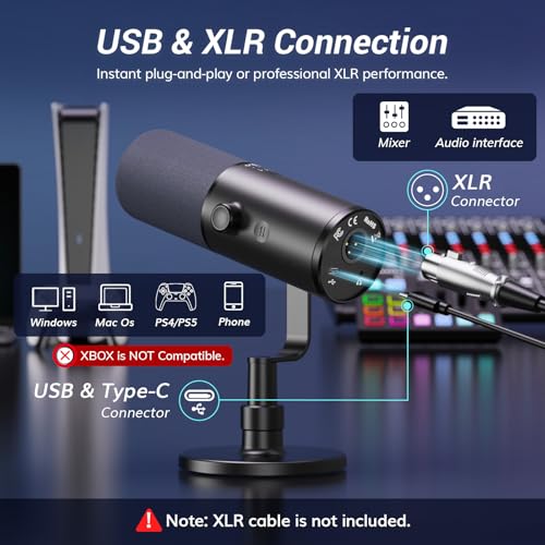 TONOR Dynamic Podcast Microphone for Studio, Cardioid XLR/USB Mic, AI Noise Cancellation, Tap Mute, 3.5mm Headphone Jack for Monitoring, Volume Control, Microfono with Desktop Stand, Black, TD510 AIR