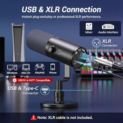 TONOR Dynamic Podcast Microphone for Studio, Cardioid XLR/USB Mic, AI Noise Cancellation, Tap Mute, 3.5mm Headphone Jack for Monitoring, Volume Control, Microfono with Desktop Stand, Black, TD510 AIR
