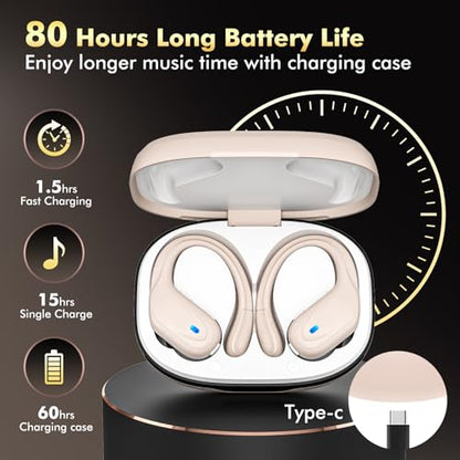 HAOYUYAN Wireless Earbuds, Sports Bluetooth Headphones, 80Hrs Playtime Ear Buds with LED Power Display, Noise Canceling Headset, IPX7 Waterproof Earphones for Workout/Running (Camel) - color: Camel