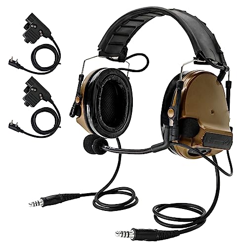 HEARFALCOM Dual Communication Tactical Headset with PTT Adapters U94 PTT Compatible with UV-5R, UV-82 Walkie Talkie Suitable for Airsoft Sports, Hunting, Hearing Protection(CB) - color: Brown
