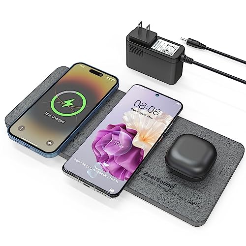 ZealSound Wireless Charging Pad, 3 in 1 Charger Mat for iPhone, Samsung Galaxy, Pixel, AirPods & Galaxy Buds, 24W Adapter Included, Ultra Slim, Case Friendly, PU Leather, Home Office & Travel, Gray - color: Gray