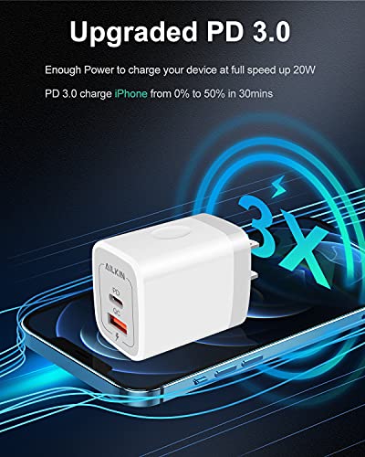 3Pack Dual Port USB-C Wall Plug-in USBC Charger, AILKIN 20W Power Delivery | QC3.0 USB A Double Port Fast Charging Block for iPhone 17 15 14 13 12 Pro Max 14 Pro Mini 16Pro Max 16 Plus 16E X XS Cube - color: White