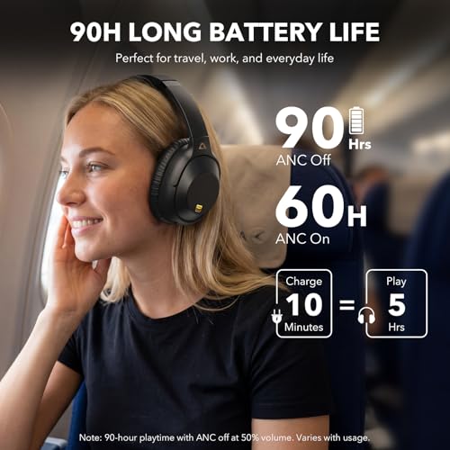 Bluetooth 6.0 Active Noise Cancelling Headphones for Airplane Travel, Black | LDAC Hi-Res Audio, 90H Playtime Wired and Wireless ANC Headphones, Over Ear Headset for Home Office, Custom EQ via APP - color: Black