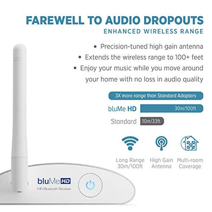 Blume HD Long Range Bluetooth 5.3 Music Receiver Hi-Fi Audio Adapter with Audiophile DAC, LDAC & AptX HD for Home Stereo, AV Receiver or Amplifier - color: Silver