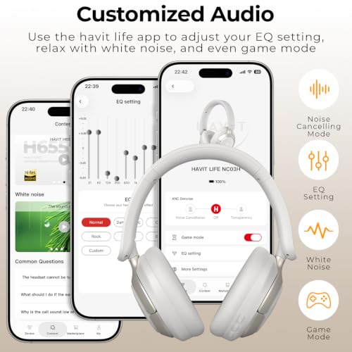 havit Hybrid ANC Wireless Headphones, Over Ear Bluetooth Headphones with Hi-Res Audio, Spatial Sound, 80H Battery, 5-Mic ENC Calls, Metal-Accent Foldable Design