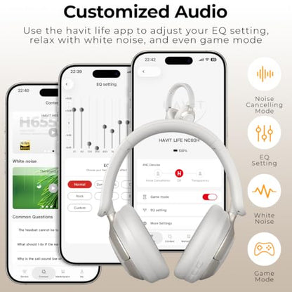 havit Hybrid ANC Wireless Headphones, Over Ear Bluetooth Headphones with Hi-Res Audio, Spatial Sound, 80H Battery, 5-Mic ENC Calls, Metal-Accent Foldable Design