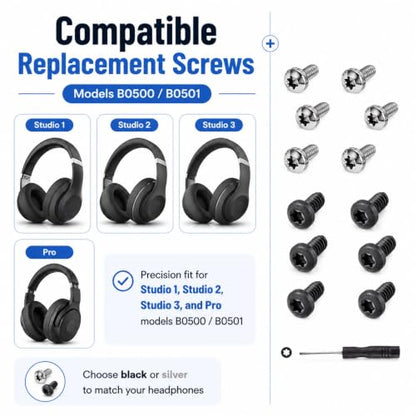 Replacement Headband Screws for Beats Studio 3, Studio 2, Studio 1.0, B0500 B0501, Studio Pro Headphone Headband Screws, Alloy Steel, Screwdriver Included 12pcs(6 Silver+6 Black)