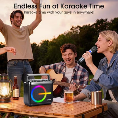 Karaoke Machine, Bluetooth Speaker with 2 Wireless Microphones, Portable Voice Amplifier PA System for Adults Kids with LED Lights Support Bass/Treble Adjustment, TF Card/USB, REC for Home Party