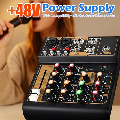 Mini Audio Mixer, Portable Mini4 DJ Board Mixer with USB Bluetooth, 4 Channel Sound Mixing Board for Wedding Party Podcast Live Performance Event