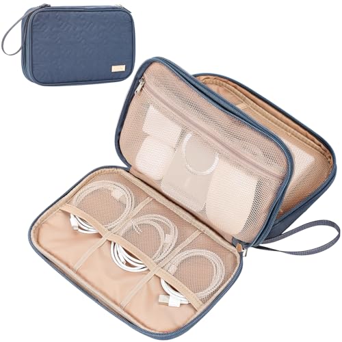NISHEL Travel Cord Organizer Case, Double Layers Tech Electronic Bag, Essentials for Charger, Cable, Phone, Flash drive, Large, Aegean-Blue | Double-layer bag keeps chargers, cables, flash drive, and small tech essentials organized for trip, Large, Aegean