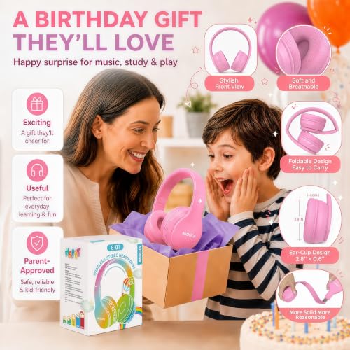 MIDOLA Kids Headphones Bluetooth 5.4 Wireless 68H Play Time Volume Limit 85/94dB Over-Ear Foldable Headset,Type-C Fast Charging,with Wired Aux Mic for Toddler Child Pad Tablet Pink | Adjustable Headband Foldable Over-Ear Lightweight Headsets for Toddler G
