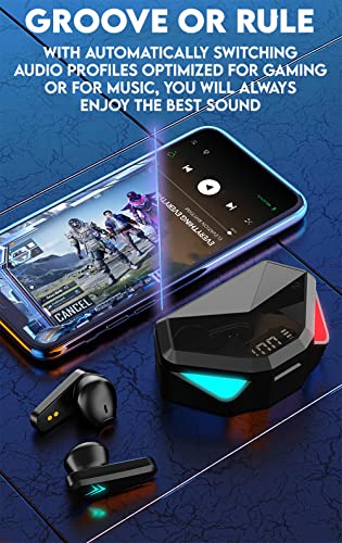 Bluetooth Wireless 5.2 Sweatproof Gaming Earbud Headphones with Microphone, RGB LED Rechargeable 24hr Charging Case Powerful Surround Stereo Bass Low Latency and Passive Noise Cancelling