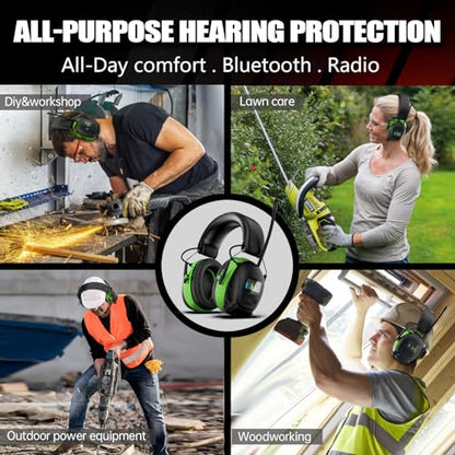 Bluetooth 6.0 AM/FM Hearing Protection, Radio Headphones with Digital Display, 30 SNR Noise Reduction Safety Earmuffs with Rechargeable 2000 mAh Large Battery, Ear Protector for Mowing Lawn Work - color: Green