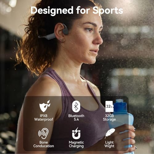 Bone Conduction Headphones, Open-Ear Bluetooth 5.4 Wireless Headphones, IPX8 Waterproof Sports Earphones for Swimming, Running, Cycling, Built-in Mic & 32GB MP3 Player - color: Grey