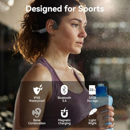 Bone Conduction Headphones, Open-Ear Bluetooth 5.4 Wireless Headphones, IPX8 Waterproof Sports Earphones for Swimming, Running, Cycling, Built-in Mic & 32GB MP3 Player - color: Grey