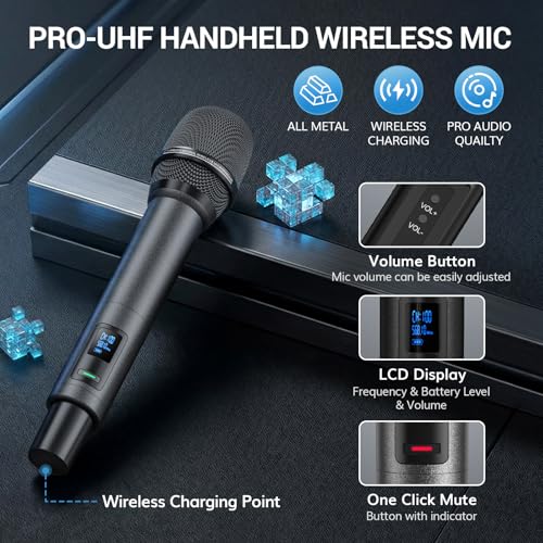 TONOR Bluetooth Wireless Microphones, Rechargeable UHF Cordless Microphone System for Home Party, Metal Dual Handheld 260ft for Home Karaoke, Church, Party,TW-790, Black