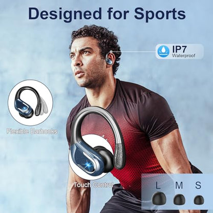 Wireless Earbud, Bluetooth 5.4 Headphones IP7 Waterproof Sport, 75Hrs Running Wireless Earphones with ENC Noise Canceling Mic, Deep Bass Over Ear bud with Earhooks for Android, iOS, Workout, Gym, Blue - color: Blue