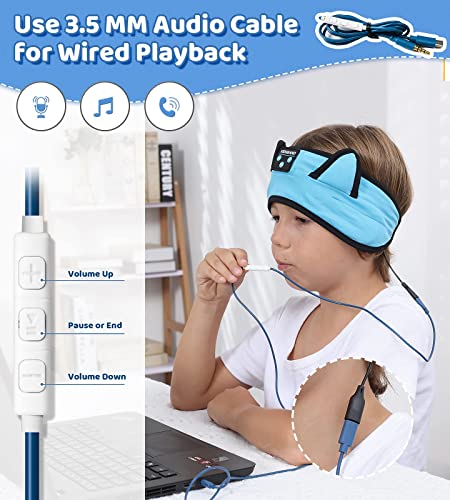 KIDSBAND Kids Headphones Bluetooth Headband Adjustable, Wireless Sleep Headphones for Kids with Wired Playback 3.5 MM Jack for Teens/Boys/Girls/Smartphones/School/Kindle/Airplane Travel/Plane/Tablet - color: Blue