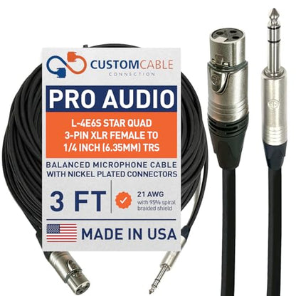Custom Cable Connection 3 Foot Canare L-4E6S Star Quad 3-Pin XLR Female to 1/4" (6.35mm) TRS Balanced Microphone/Audio Cable - size: 3 Foot, style: XLR Female to 1/4"
