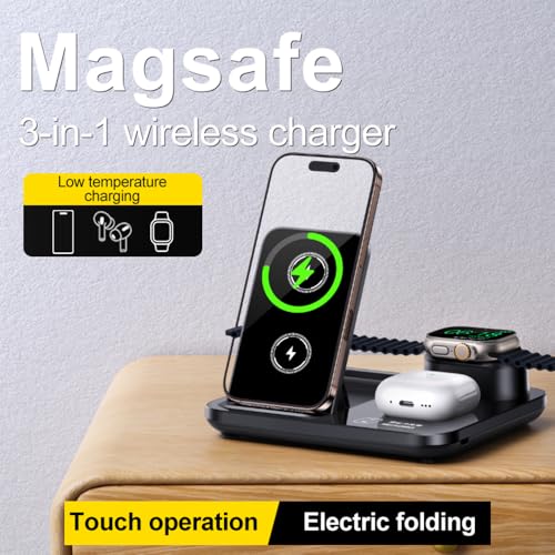 IHAO 3in1 Auto-Rising Wireless Charging Station 15W Fast Charge Ultra-Slim Foldable Design Wireless Charger for Phone Earbud and i-Watch QC3.0 & PD Compatible - color: 3in1 wireless Charger R13 Black