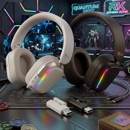 RK Royal Kludge HG101 Wireless Gaming Headset, 7.1 Surround Sound, Stereo Wired Headphones with Retractable Mic, Bluetooth5.3, RGB, Memory Foam Ear Pads, Works with PC, PS4, PS5, Switch, Platinum Grey - color: Platinum Grey