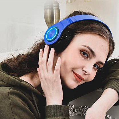 Kids Bluetooth Over Ear Headphones with LED Lights,Blue | Built-in Mic, Bluetooth 5.0, Wired and Wireless Foldable Stereo Headphones for Classroom, Office, Tablet, Airplane,Travel - color: Blue