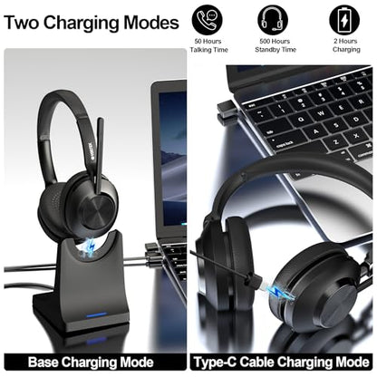 Wireless Headset with Mic for Work,Bluetooth Headset with USB Dongle | Noise Cancelling Mic,Charging base,50H Battery & Mute Button for PC,Laptop,Home Office,Zoom Teams,Remote Work,Call Center