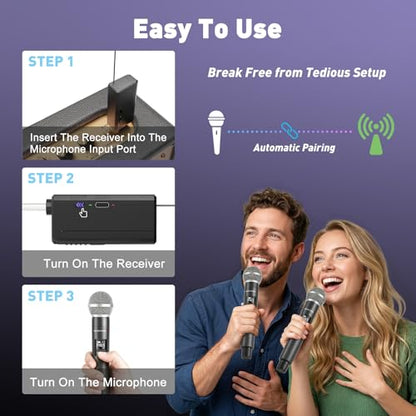 Handheld Wireless Microphones for Karaoke Singing with 500 FT Reception | 2.4GHz, Rechargeable Dual Microfonos Inalambricos Set Stable Receiving for DJ Church Party Wedding Speaking Meeting Classroom
