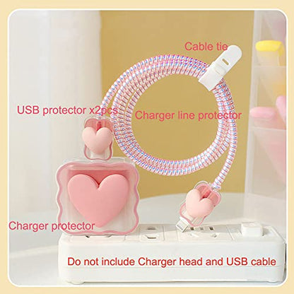 ZOSTLAND 5 in 1 DIY 18W 20W Heart Shape Protector Data Cable USB Charger Line Earphone Wire Saver Organizer Compatible with iPhone 11 12 13 14 15 Pro Max - color: Love Pink