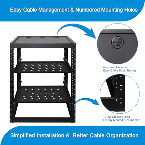 RackPath 16U Open Frame Network Rack with 2X 14in Vented 1U Shelves Rear Support, Wall Mount/Floor Standing Network Cabinet, Heavy Duty 150 lbs Capacity for IT & AV Gear, Audio and Video Device - size: 16U