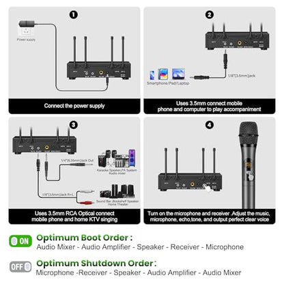 Wireless Microphone System Karaoke 4 Channel UHF Cordless Handheld Dynamic Mic with Bluetooth Receiver Box + Volume Control Echo Mic Work Range 165ft for Karaoke PA System DJ Mixer Party - size: 4 Channel UHF Cordless Handheld Dynamic Mic