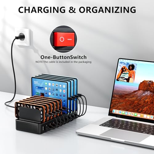 USB C Charging Station for Multiple Devices, 10-Port 100W Charging Dock, with Adjustable Dividers, USB-C Power Hub, Compatible with iPhone/Samsung/Google/Tablets/USB Devices (with 10 Cables)