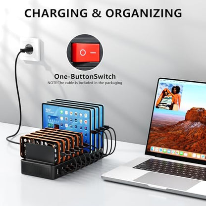 USB C Charging Station for Multiple Devices, 10-Port 100W Charging Dock, with Adjustable Dividers, USB-C Power Hub, Compatible with iPhone/Samsung/Google/Tablets/USB Devices (with 10 Cables)