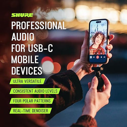 Shure MV88 USB-C Microphone for Mobile Recording - Black | Portable USB-C mic for vlogging with auto level mode, real-time denoiser and four selectable polar patterns