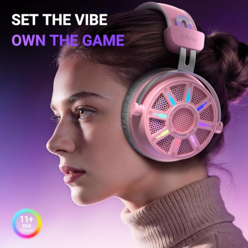 FIFINE USB Gaming Headset with Open Back Design, 7.1 Virtual Surround Sound, 53mm Dynamic Drivers, RGB Headphone with Handy Control Box, Detachable Boom Mic for PC, PS5, PS4, Laptop, Mac - H19P - color: Pink