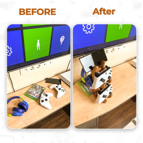 Wooden Controller Stand - Dual Game Controller Holder | Headphone Hanger, Phone Stand, Universal Gaming Accessories, Portable Headset Storage Organizer