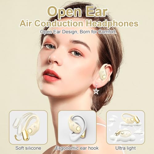 Open Ear Earbuds, Bluetooth 5.3 Wireless Air Conduction Headphones with Mic, LED Display Charging Case&Fast Charging, Ultra-Light Weight, 80H Playtime Earbuds for Work, Sports (White) - color: White