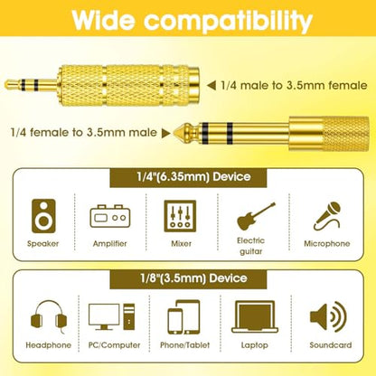 8 Pack 3.5mm to 1/4" Adapter, Headphone Jack Adapter, 1/8 inch Male to 1/4 inch Female and 1/4" to 3.5mm Audio Converter for Electric Guitar, Keyboard, Mixer, Amp, Amplifier, Bass, Headphone, Headset