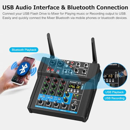 Aveek 150W x2 Powered Amplifier Audio Mixer, 4 Channel with 2 Wireless Mics