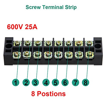 Terminal Block, 8 Circuits 600V 25A Dual Row Screw Terminal Strip, 4 Sets