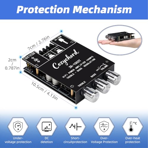 ZK-1002T Bluetooth 5.0 Stereo Amplifier Board, 200W HiFi 2.0 Channel Mini Audio Amp Module with Treble & Bass Control, AUX Input, DC 12V-24V for DIY Speakers,Home Audio - color: ZK-1002T