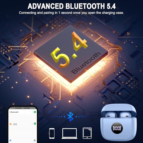 Wireless Earbuds, Bluetooth Headphones 5.4, HiFi Stereo, In-Ear Earbuds | 6D Bass Stereo, 4 ENC Noise Cancelling Mics, 40H Playtime Sport Earbuds, Charging Case, IP7 Waterproof Earphones, LED Display - color: azure