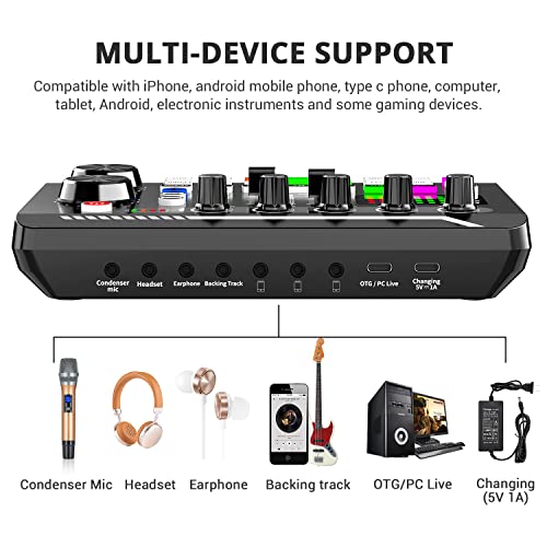 Facmogu F998 Live Sound Card Audio Mixer, Streaming Podcast Audio Interface | Studio Equipment with DJ Mixer Effects | Voice Changer Sound Effects | For PS4 PS5 Karaoke Tiktok YouTube Live Gaming Record