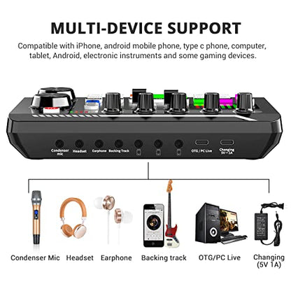 Facmogu F998 Live Sound Card Audio Mixer, Streaming Podcast Audio Interface | Studio Equipment with DJ Mixer Effects | Voice Changer Sound Effects | For PS4 PS5 Karaoke Tiktok YouTube Live Gaming Record